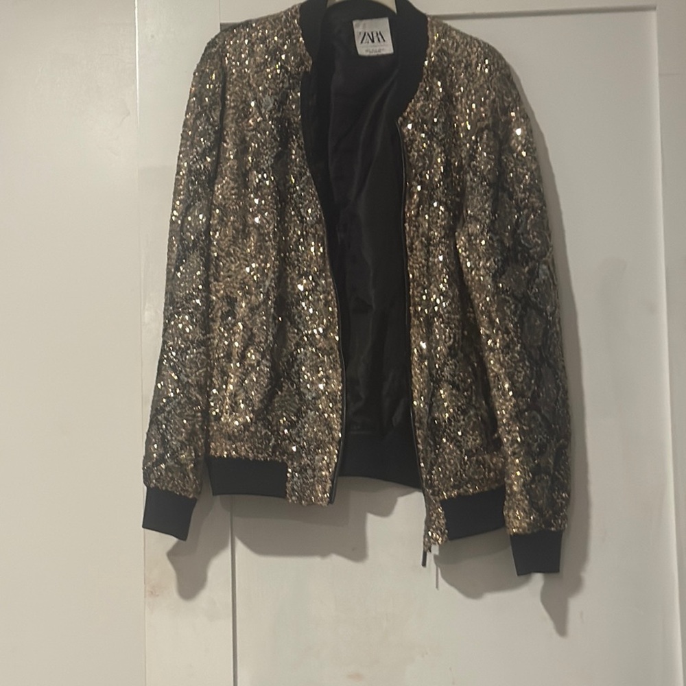 Zara Women's Glittering Gold Bomber Jacket
